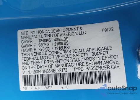 2022 Honda Civic Sport Touring из США, поврежденный, VIN 19XFL1H85NE022172